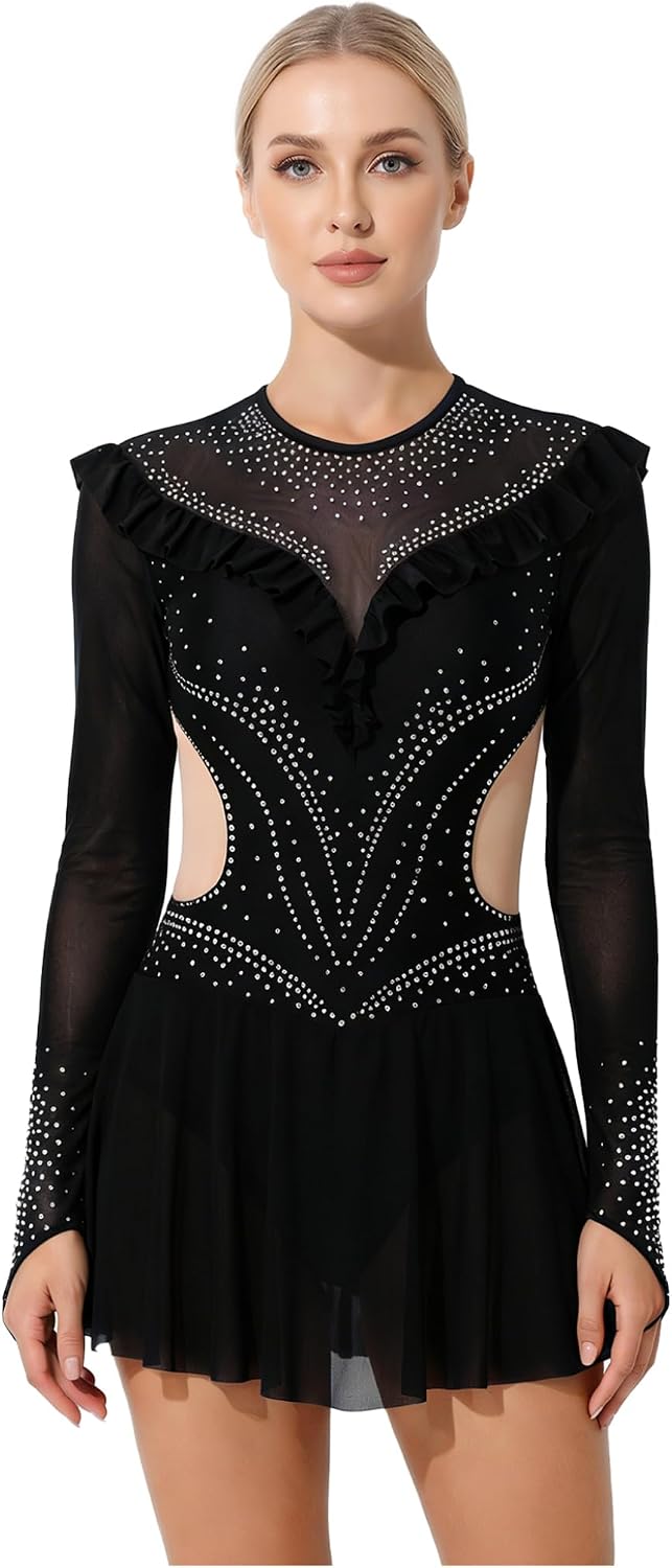 XUNZOO Womens Sequin Long Sleeve Figure Skating Dress Ice Skating Ballet Leotard for Performance Competition
