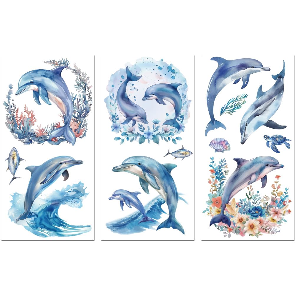 Peacoblue Rub on Transfer Sticker for Furniture Crafts Decor 6"x12" Dolphins with Ocean, 3Pcs Waterproof UV DTF Transfer for Lingerie Chests Drawer Dresser Glass Porcelain Wood Plastic
