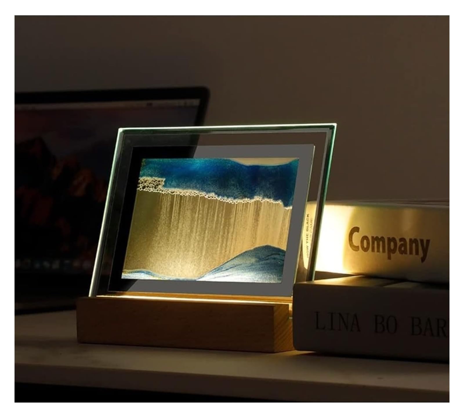 Pareks Blue Moving Sand Art Painting Night Light,3D Dynamic Sandscape Moving Sand Picture With Led Square Glass Flowing Sand Sports Desktop Home Office Artwork Decoration Art (Blue) (Color : )