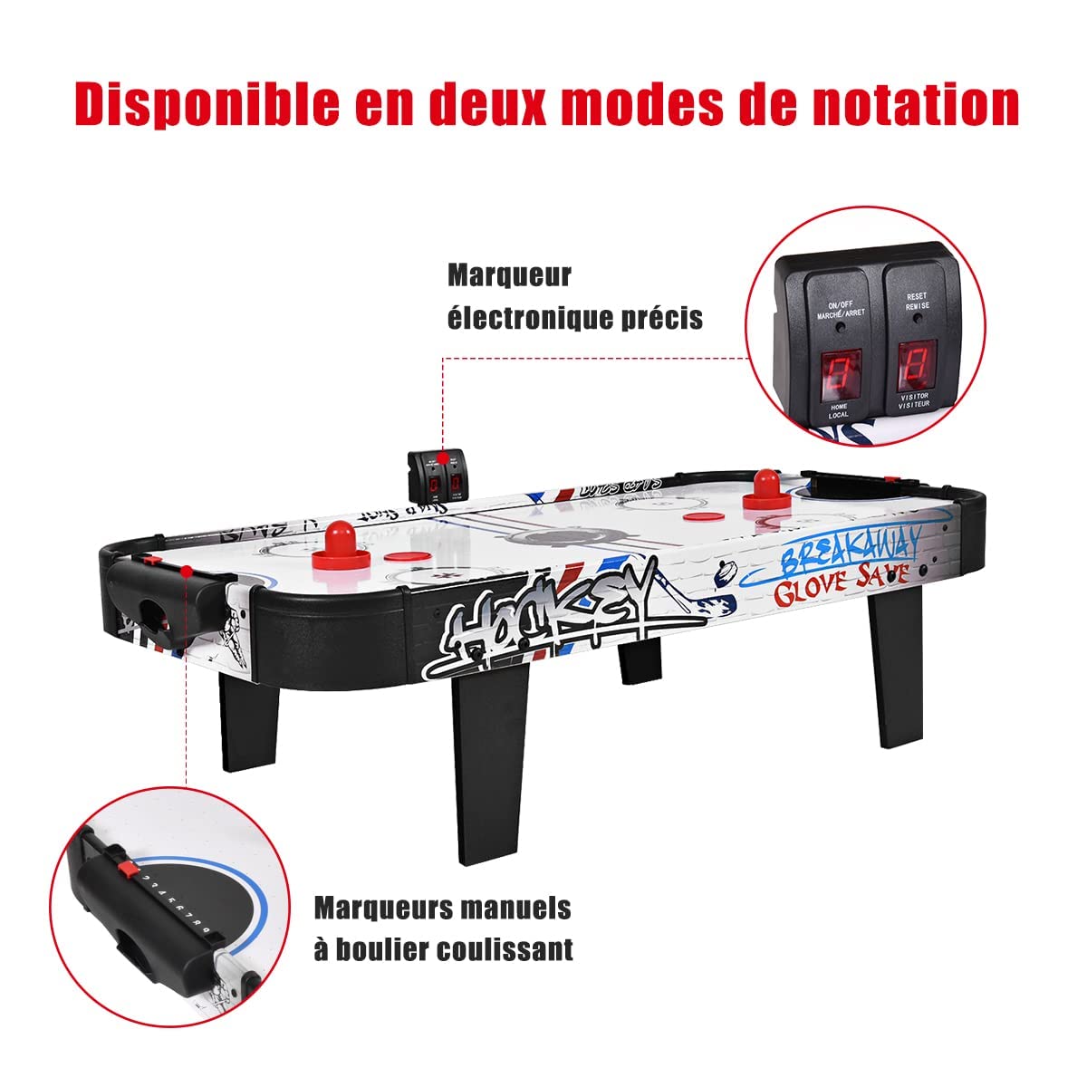 GOPLUS Table de Hockey sur Air avec Compteur de Points Electronique LED, 2 Palets, 2 Poussoirs, 2 Cages de But, pour Loisirs et Divertissement, 42 Pouces