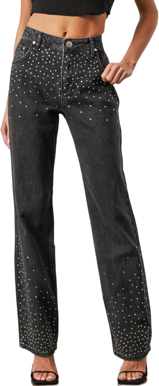 Kedera Womens High Waisted Rhinestone Jeans Wide Leg Denim Pants Sparkle Jeans Studded Bling Pants with Diamonds