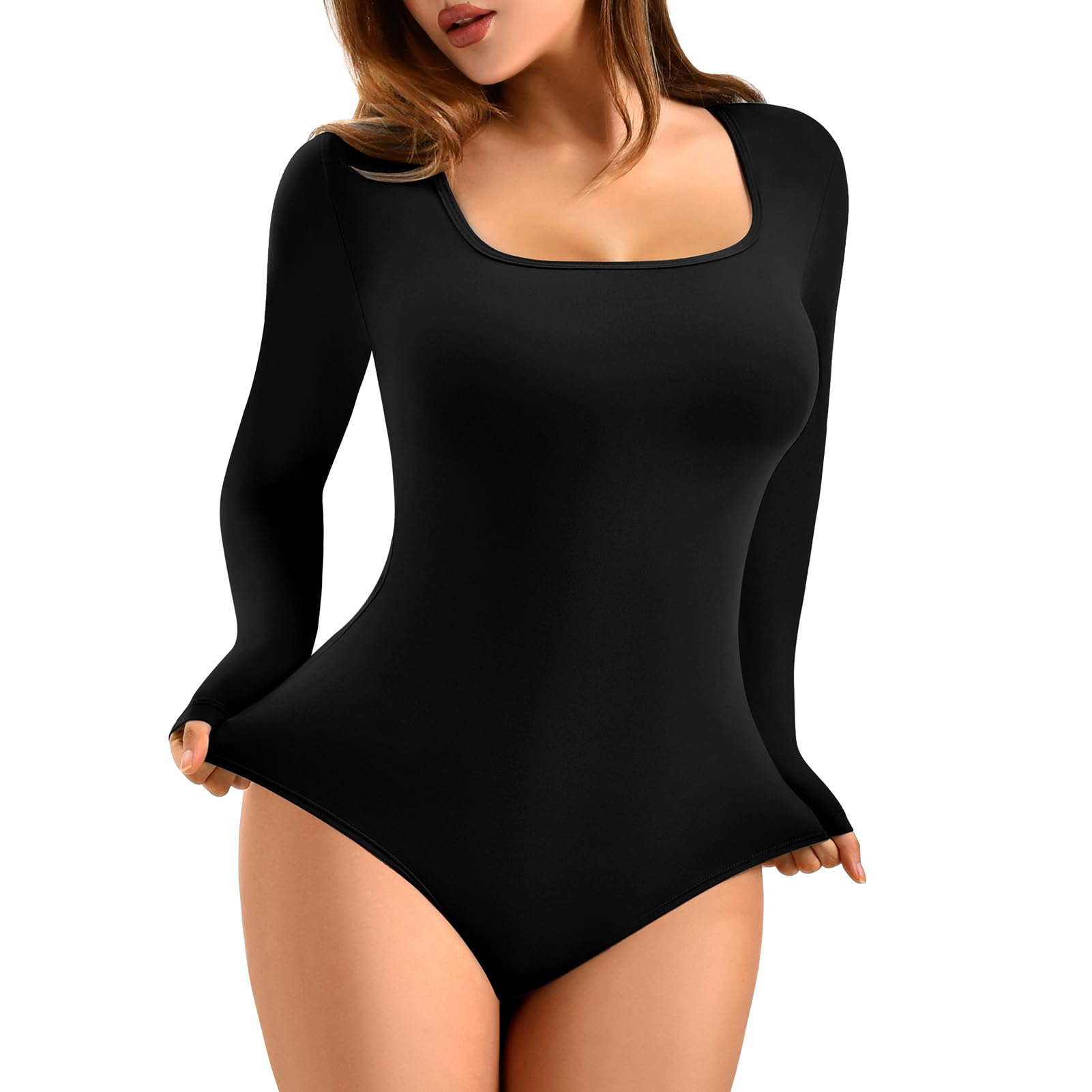 Fawarior Long Sleeve Bodysuits for Women Square Neck Soft Tops BLACK M