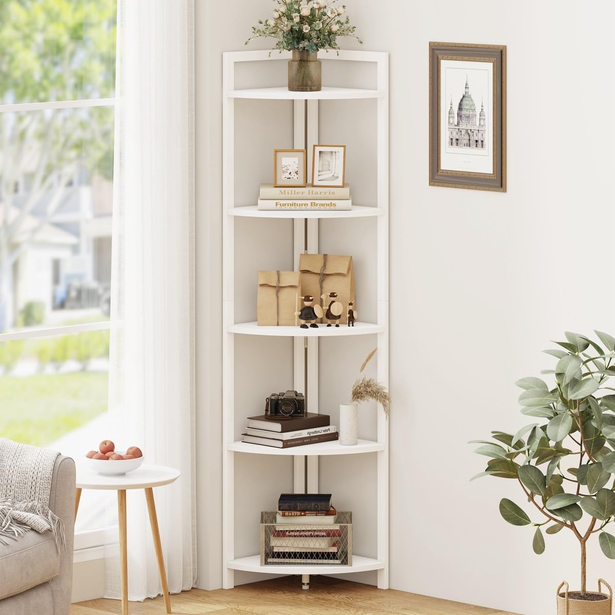 FATORRI Tall Corner Shelf, 5 Tier Modern Corner Bookshelf Stand, Wood and Metal Corner Plant Bookcase for Living Room, Home Office (White Oak)