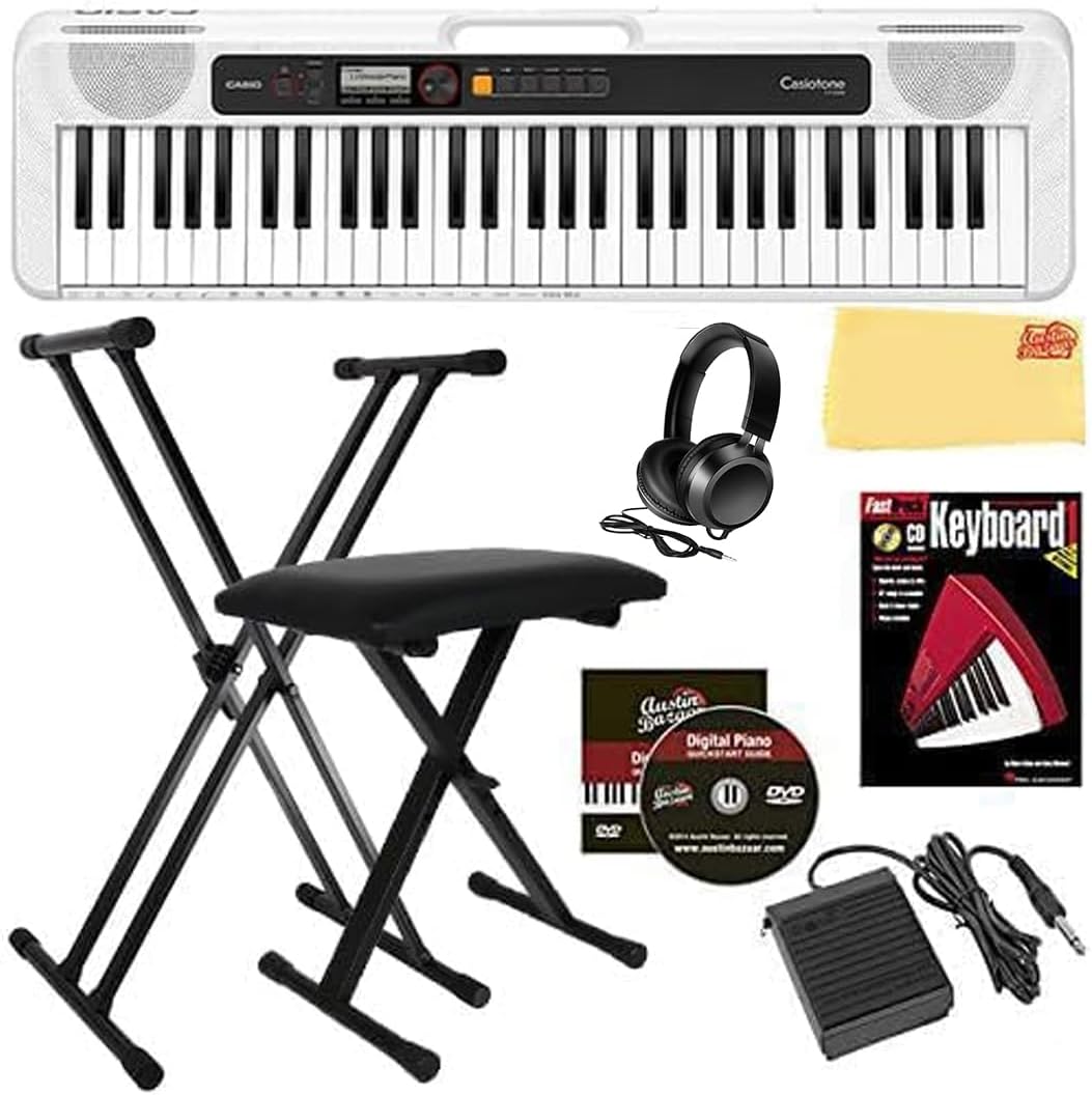 Casio Casiotone CT-S200 61-Key Portable Keyboard - White Bundle with Adjustable Stand, Bench, Headphones, Sustain Pedal, Piano Book, Instructional DVD and Austin Bazaar Polishing Cloth