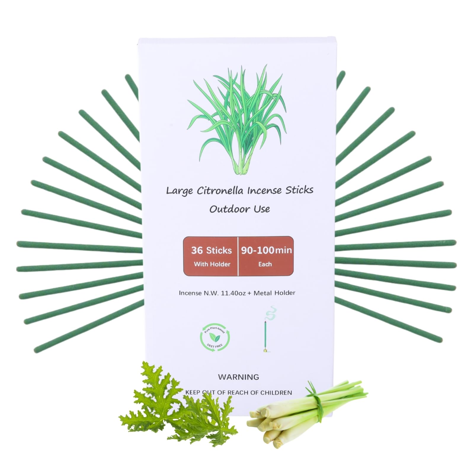 Outdoor Citronella Incense Sticks With Brass Holder,Extra Large Garden Incense Kit,DEET Free Lemongrass Joss Sticks,13 Inch Jumbo Incense Stick Long Burning 100 Mins,Bulk Citronella Sticks For Camping