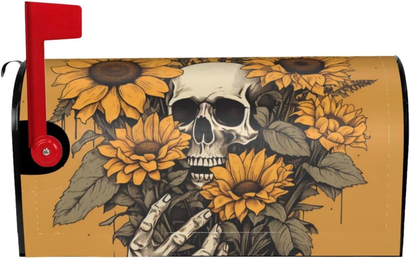 Sunflower Skeleton Magnetic Mailbox Covers Spooky Skull Mailbox Cover Standard Size Waterproof Post Letter Box Cover Mail Wraps for Garden Yard Outdoor Decor