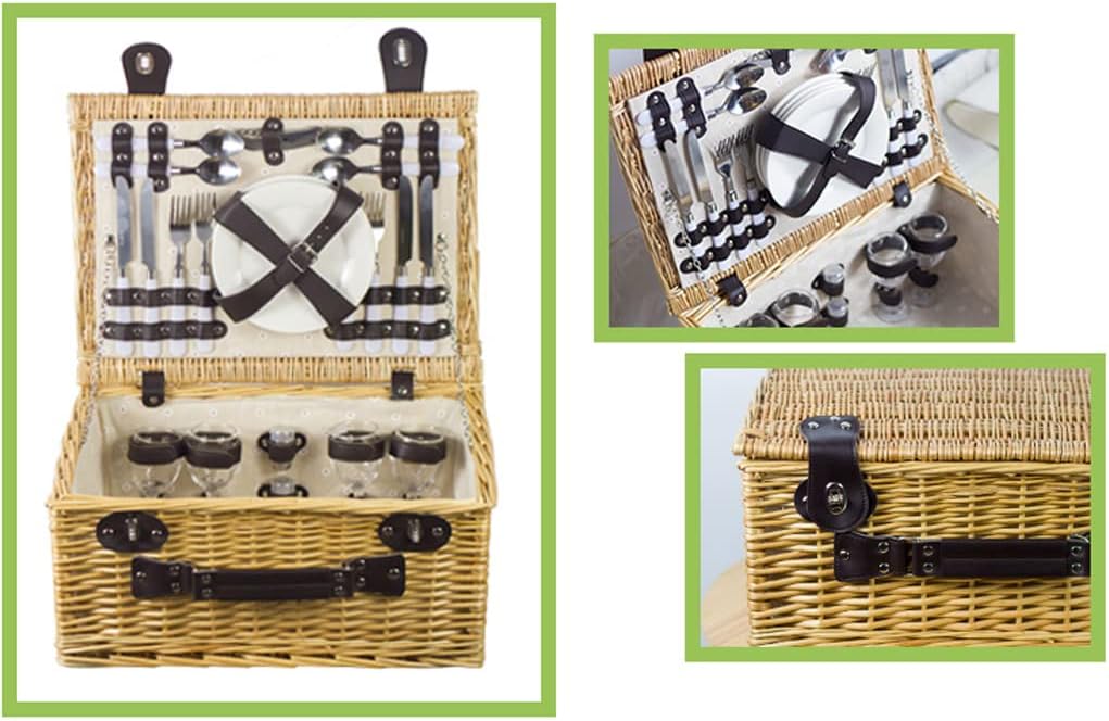 Picnic Basket for 4 - Wicker Picnicr Basket with Handle,Willow Picnic Set,Picnic Gift Basket-Stainless Steel Cutlery,Plates,Salt & Pepper Shakers,Wine Glasses,Bottle Opener (A 45 * 35 * 23cm)