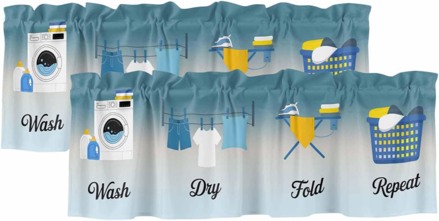 Teamery 2 Pack Valance Curtains for Kitchen Windows Laundry Washing Machine Clothes Rod Pocket Curtain Blue Gradient Small Window Treatment Topper for Bedroom Living Room Bathroom, 54x18in