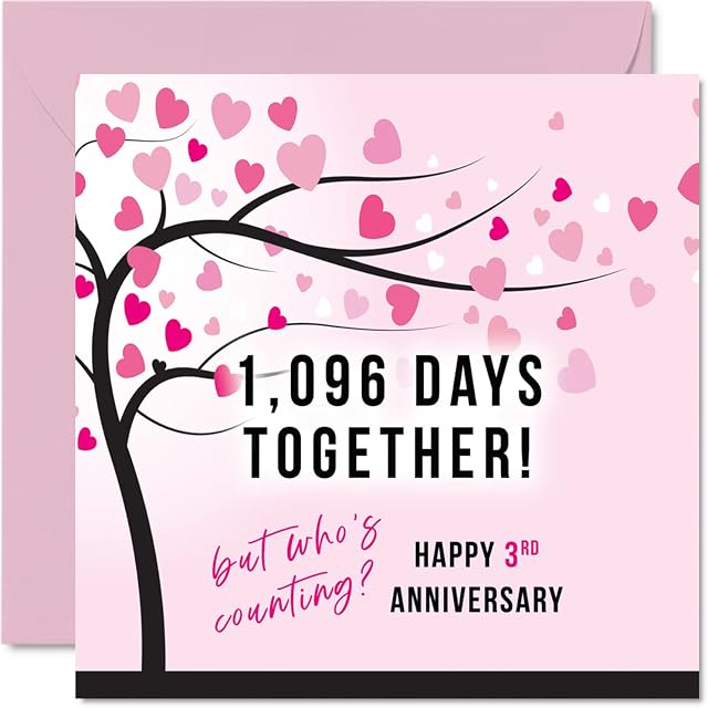 Funny Leather Anniversary Card for Wife or Husband - 1096 Days Together - I Love You Gifts, Happy 3rd Wedding Anniversary Cards for Partner, 145mm x 145mm Greeting Cards for Third Anniversaries