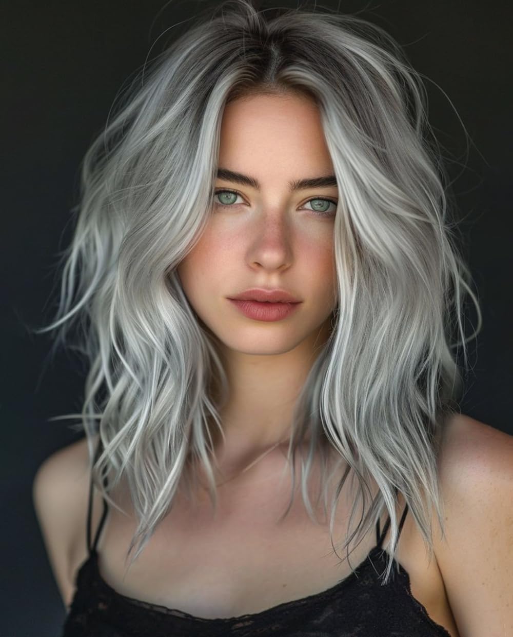 Short Gray Silver Wig Natural Lace Hairline Wigs with Middle Part Shoulder Length Short Wavy Synthetic Bob Wig Realistic Looking Wigs for Daily Party Use 14”