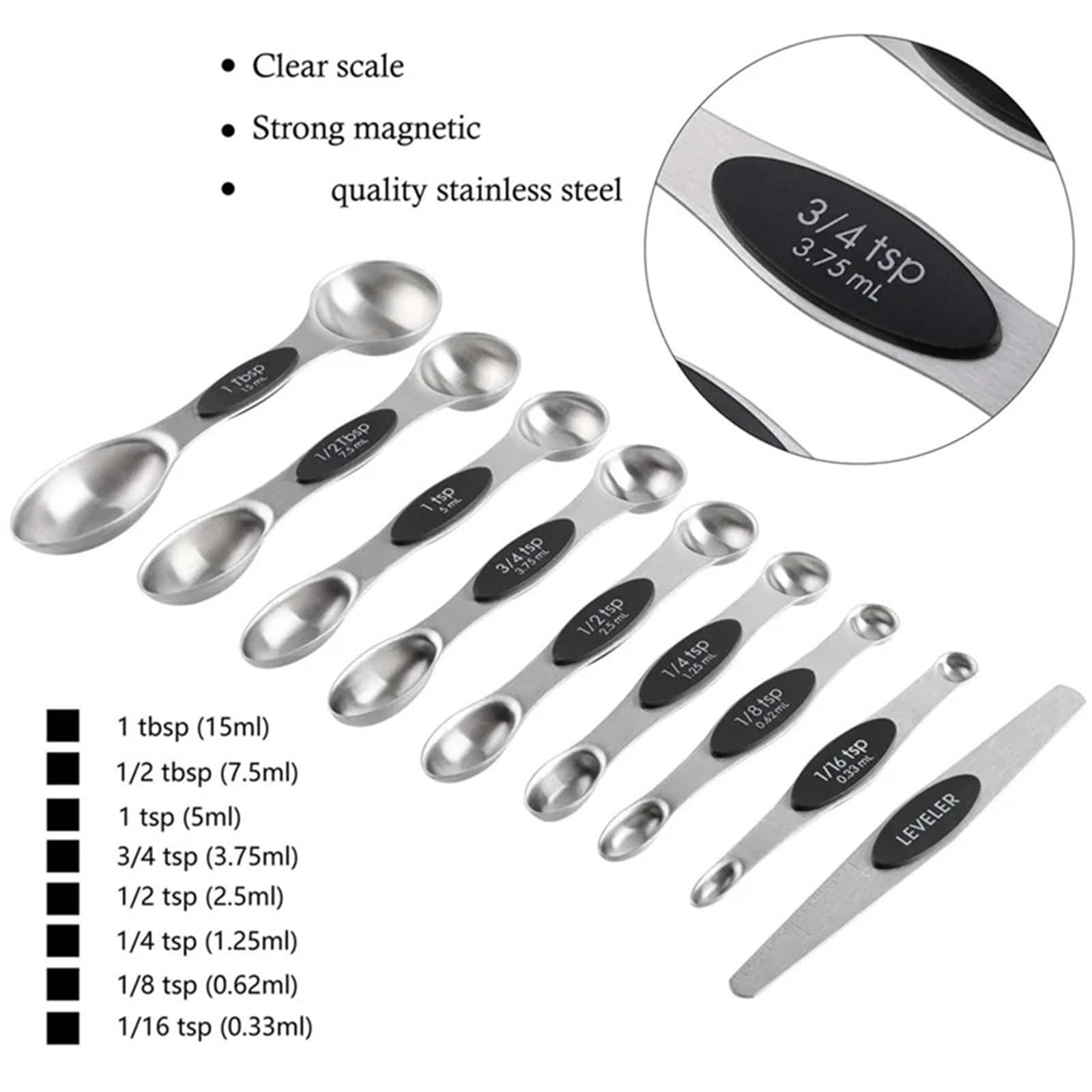 Juego de 16 tazas y cucharas medidoras magnéticas de acero inoxidable: 7 tazas resistentes y 8 cucharas de doble cara con nivelador.