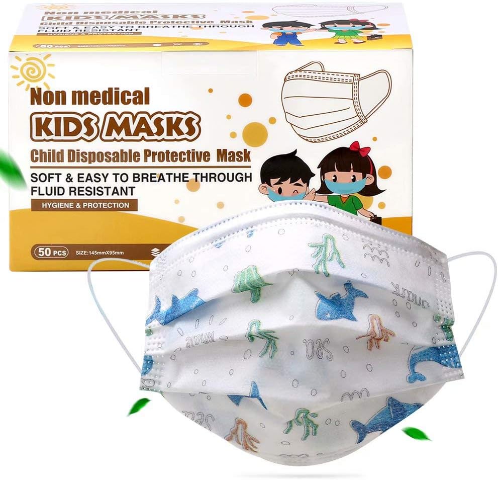 Children Disposable Face Mask - 50Pcs Comfortable Disposable Face Mask for Kids, 3Ply Filter Protective Safety Mask Suitable for Boys, Girls (Ocean)