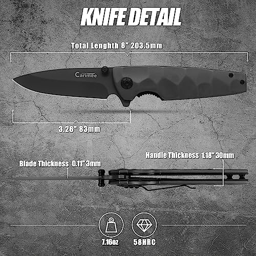 Carimee Pocket Folding Knife With 3" Drop Point D2 Steel Blade, Stainless Steel Handle, Pocket Clip, Thumb Stud, Edc Outdoor Knife For Man, Ti-Coated, Dt01 #TOP1