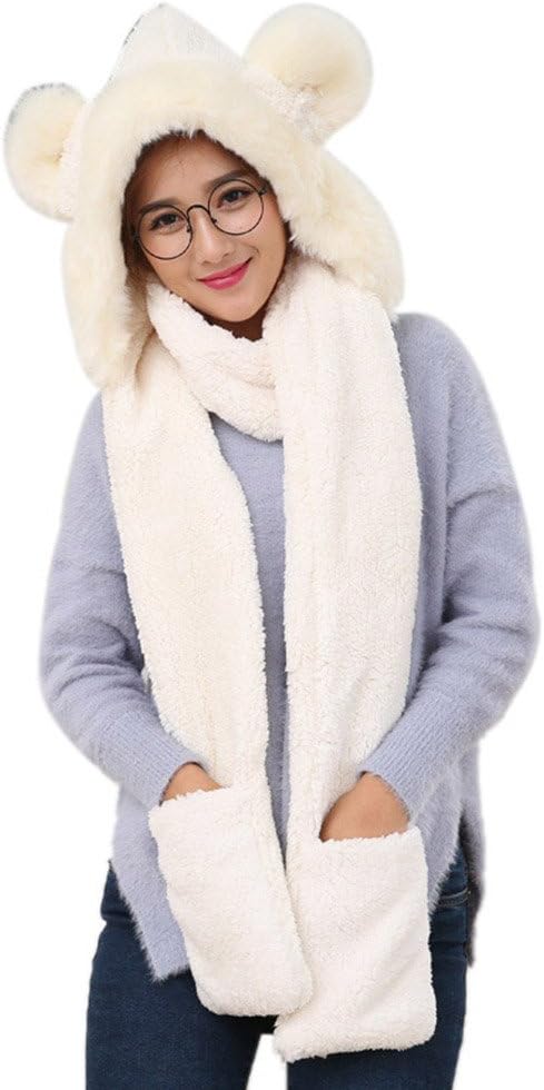 FeelMeStyle Women's Winter Warm Hooded Scarf with Mittens 3-in-1 Hat Scarf Glove