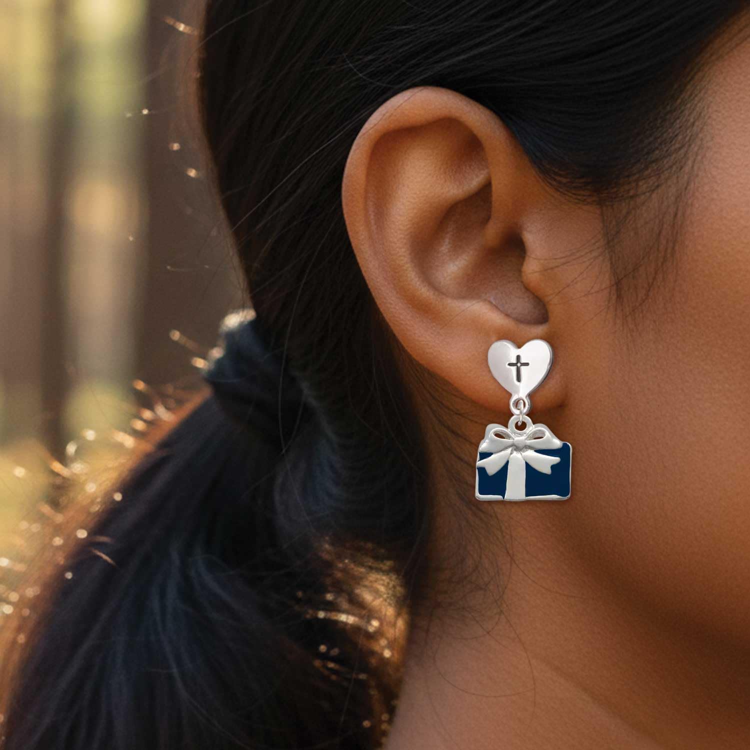 Delight Jewelry Silvertone Blue Present Cross in Heart Post Dangle Earrings