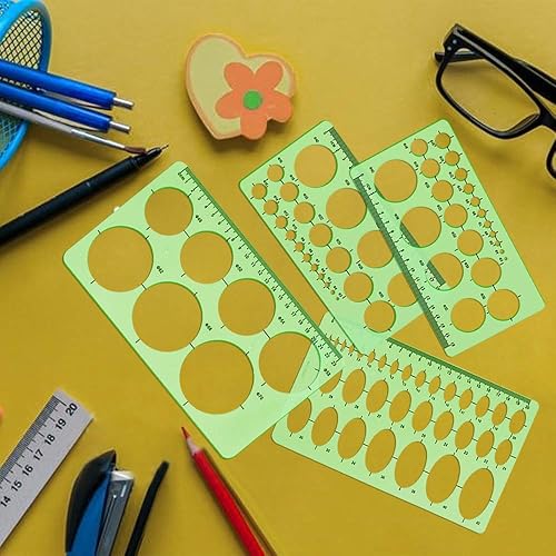 Miniatura 7 de Plantilla circular y ovalada, paquete de 4 plantillas de medición de plástico verde transparente, regla geométrica para oficina y escuela,