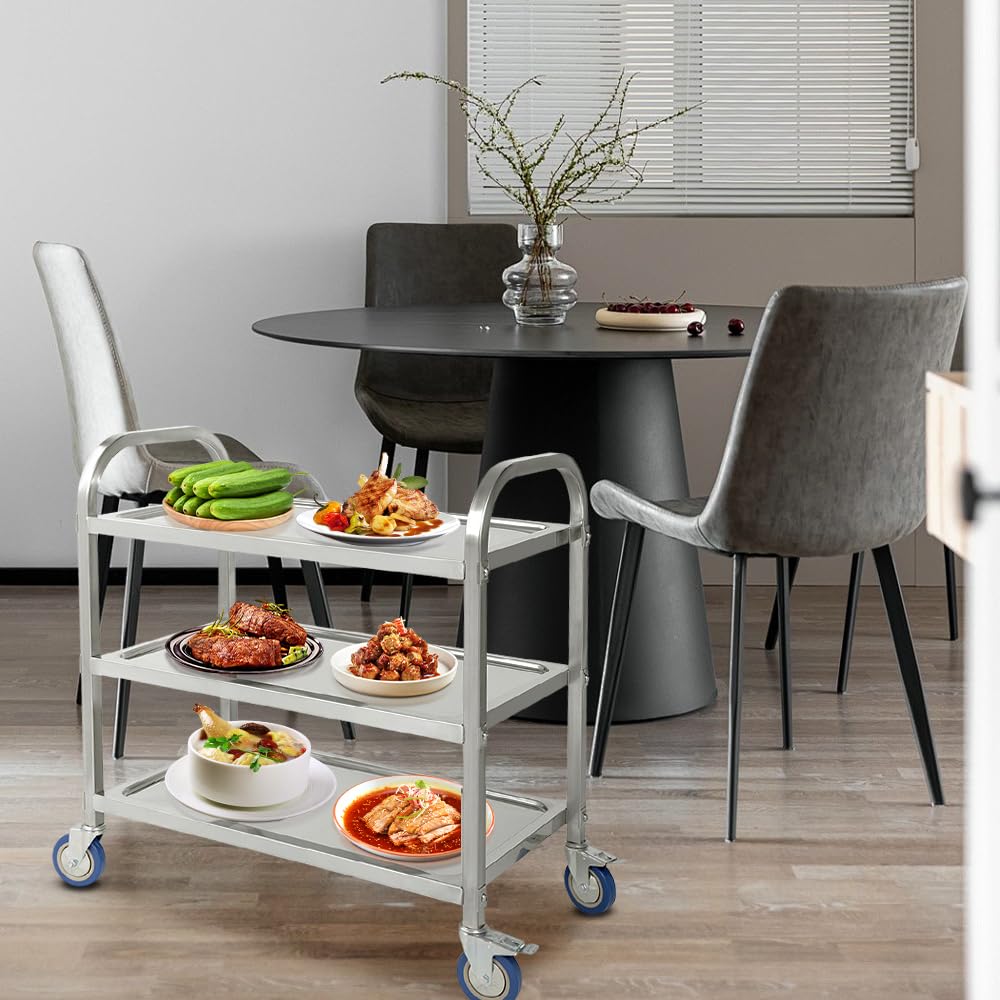 homewell Carrello di servizio in acciaio inox con 3 livelli, capacità 150 kg, carrello da cucina con ruote, per cucina, ristorante, hotel, servizio