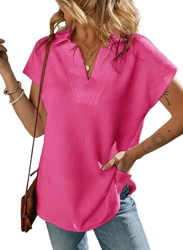 Aleumdr Poloshirt Damen Locker Basic V Ausschnitt Oversize Shirt Elegant Bluse für Damen Kurzarm Casual Oberteile Rosa Größe X-Groß X-Large