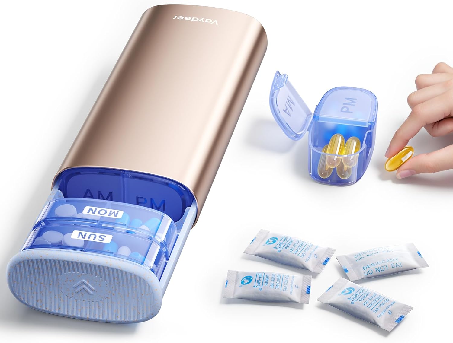 Vaydeer AM/PM Metal Pill Organizer, Weekly Pill Box with Built-in Desiccant Compartment, Airtight Travel Pill Case for Medication, Vitamins & Supplements (Champagne Gold)