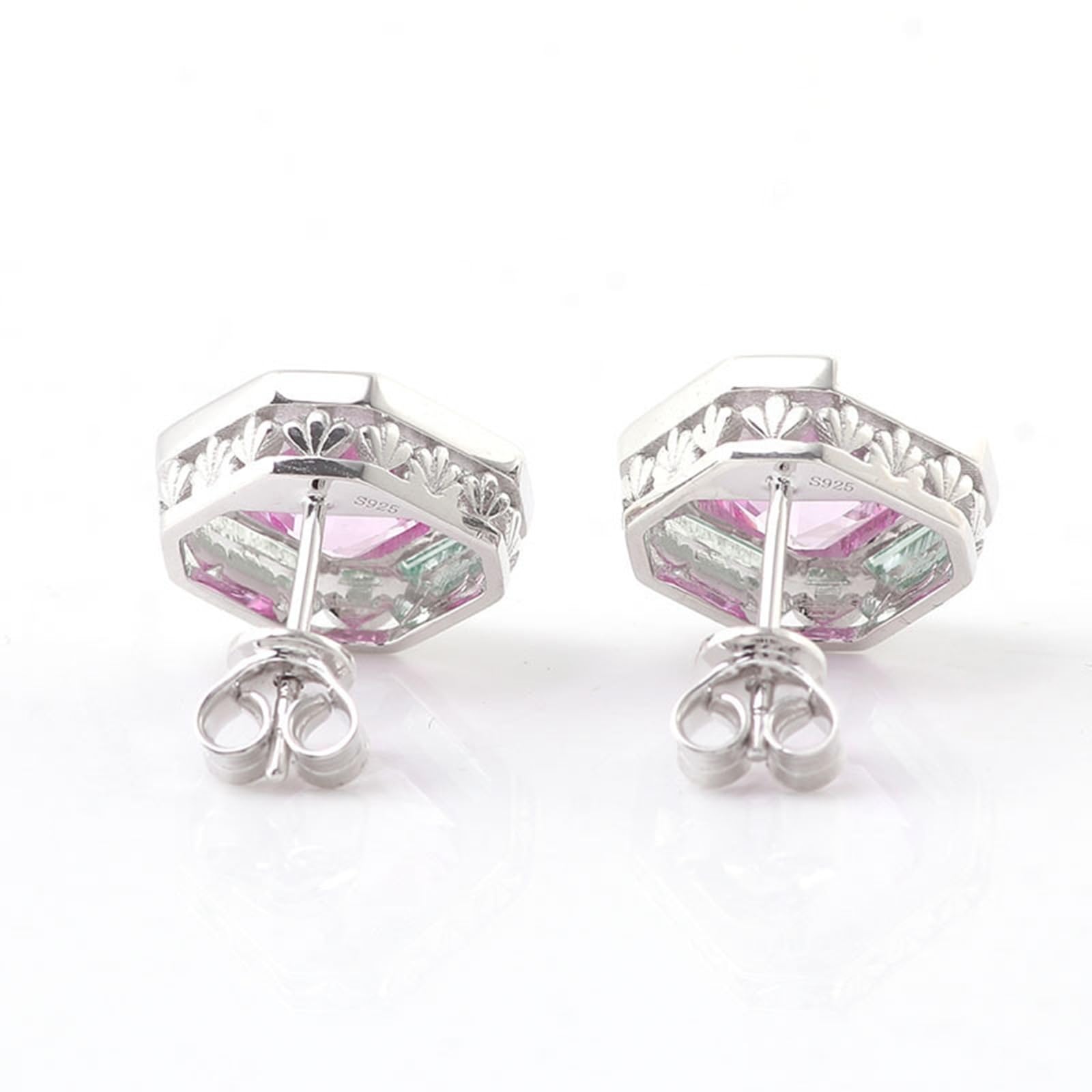 Pendientes Mujer con Zafiro Rosa y Verde Laboratorio, Oro Blanco 9K/14K/18K, Joyería Pendientes de Botón con Piedra