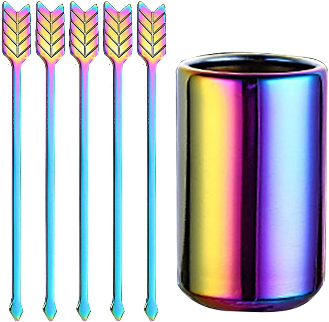5'' 5Pcs Stainless Steel Coffee Stir Sticks with Stirrers Holder, Metal Coffee Stirrer Reusable, Beverage Drink Cocktail Stirrer Swizzle Stirring Sticks Multicolor