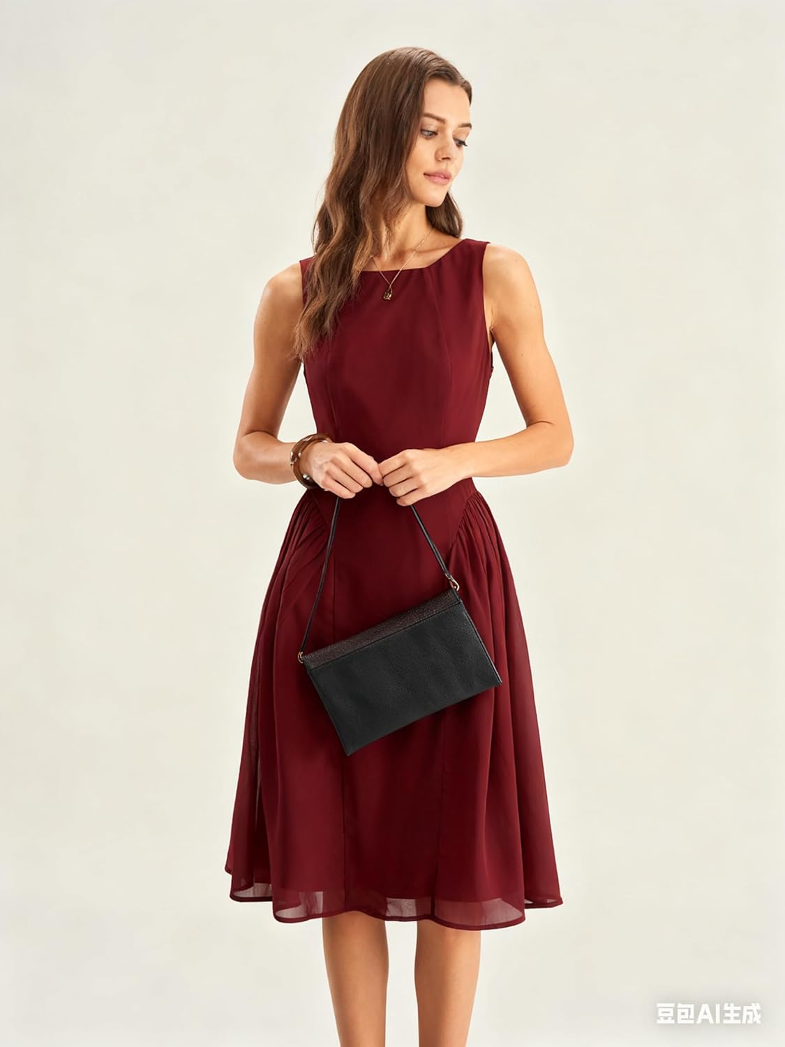 RIHOAS Women Chiffon Sleeveless Dress,Boat Neck A-Line Knee-Length Solid Ruched Elegant Midi Dress for Formal - Image 7