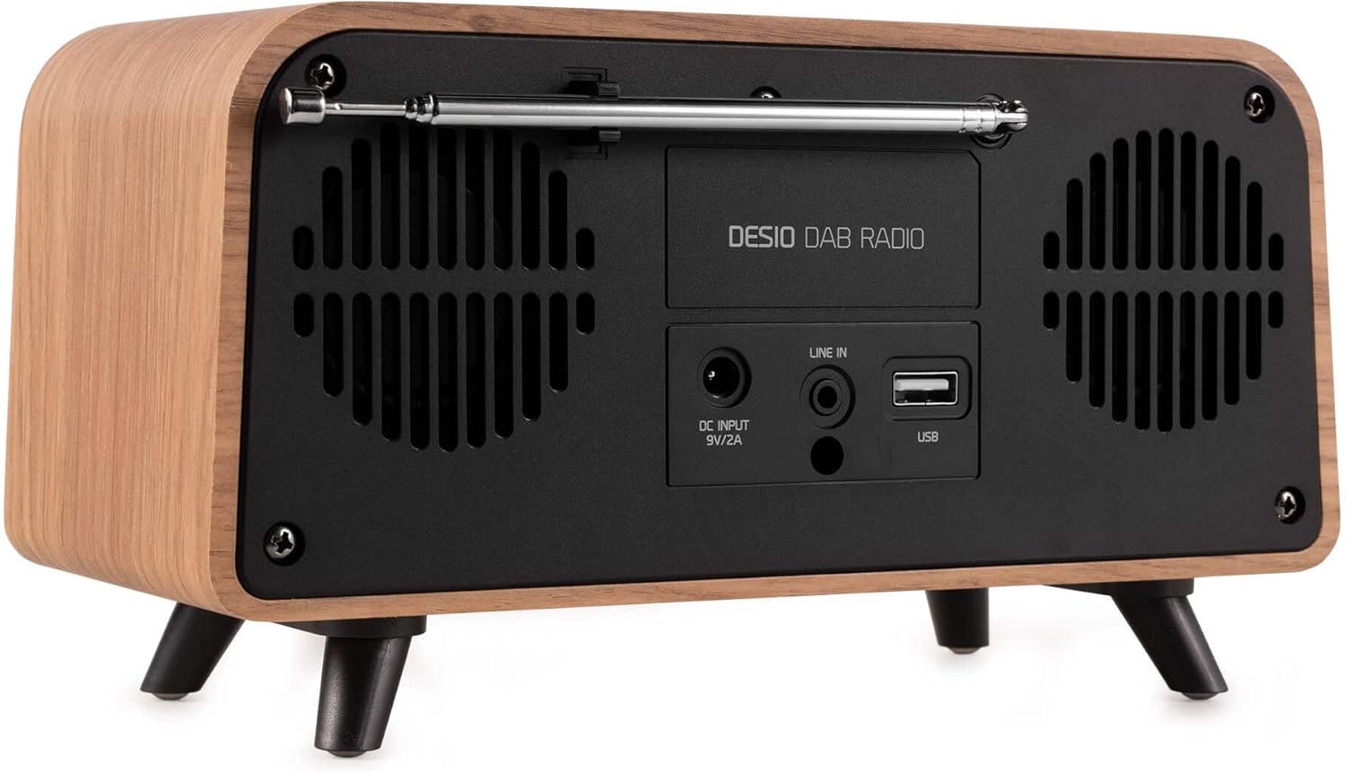 Қафо view of the Audizio Desio radio, highlighting the DC INPUT 9V/2A, LINE IN (3.5mm AUX), and USB ports. The telescopic antenna is extended.