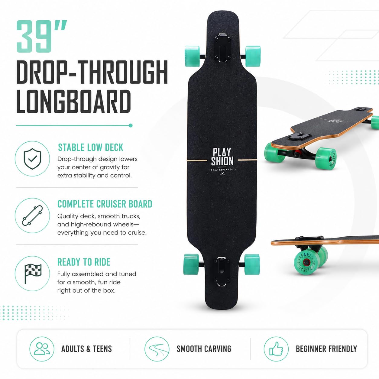 Playshion Longboard de 39 Pulgadas con rodamientos ABEC-9, Drop-Through Freeride Skateboards Cruiser