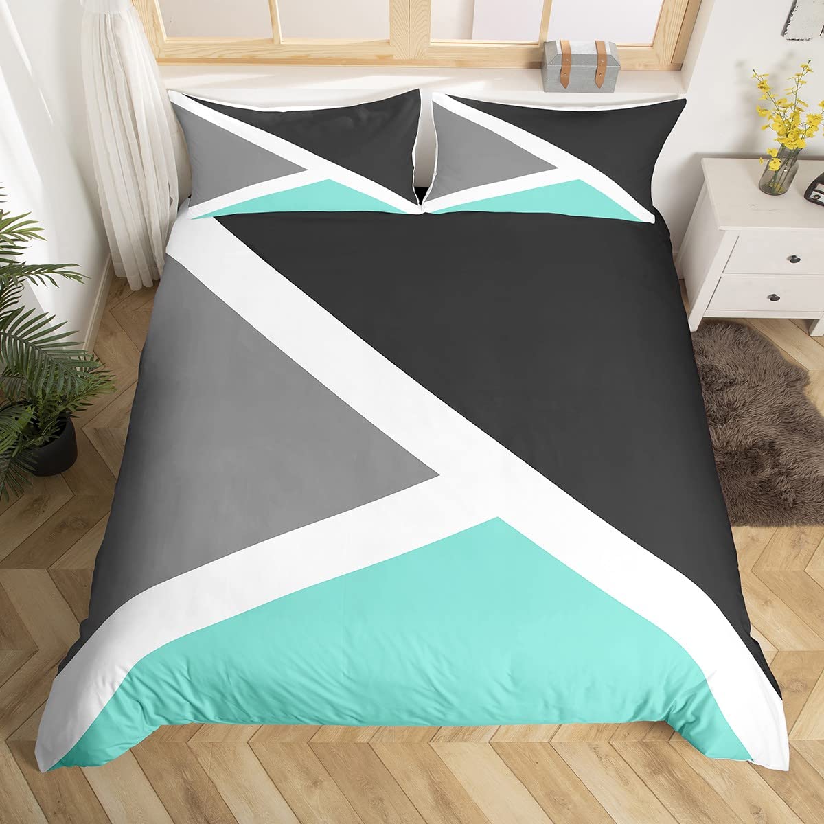 Loussiesd Kids Geometric Abstract Bedding Set Grey Teal Stripe Duvet Cover for Kids Women Men Bedroom Modern Triangle Decor Comforter Cover Set Decor Bedspread Cover Double Size Zipper