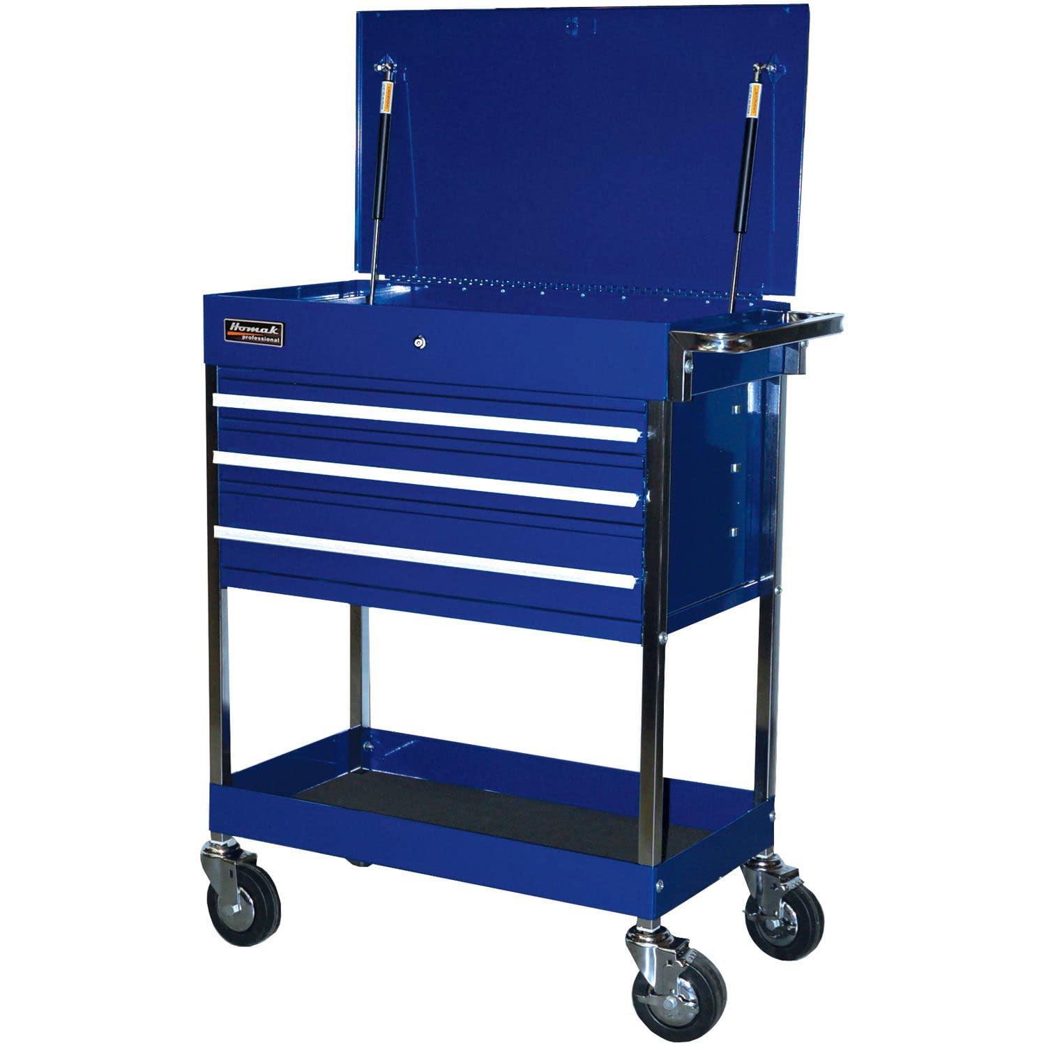 Professional 34" Wide 3 Drawer Service Cart by Homak – 16.75"L x 34.5"W x 39.38"H, Steel, Blue