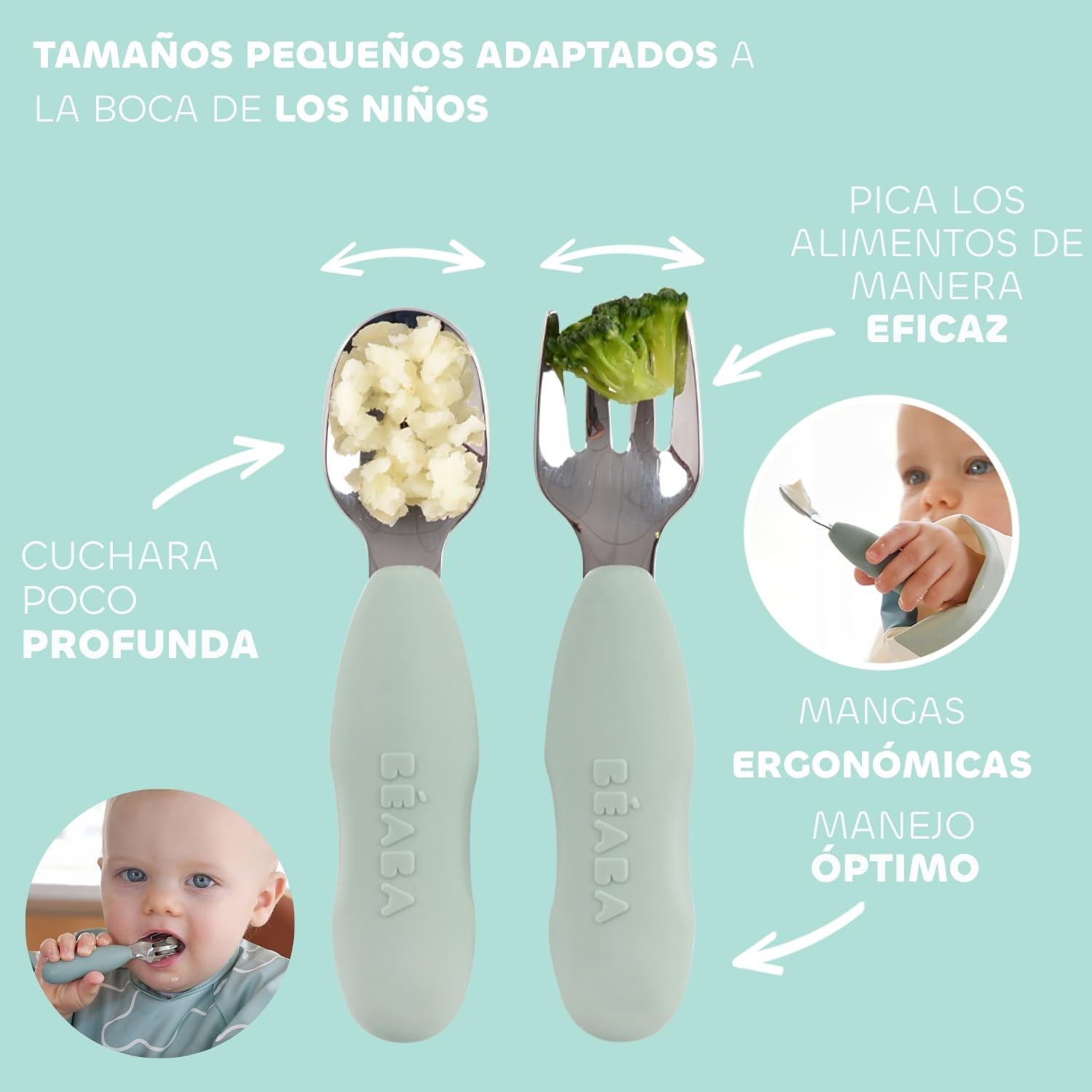 BÉABA, Set de Comida Bebé – Regalo de Nacimiento Completo desde 4 Meses – Plato Inox Microondas, Cubiertos Ergonómicos, Babero con Mangas, Caja Recuerdo – Materiales Saludables/Duraderos, Verde Salvia