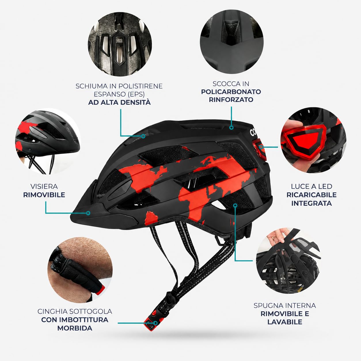 Casco da bici con luce LED ricaricabile tramite USB, leggero, ammortizzante e regolabile, per ragazzi e adulti, per mountain bike, strada e skate (54-58 cm)