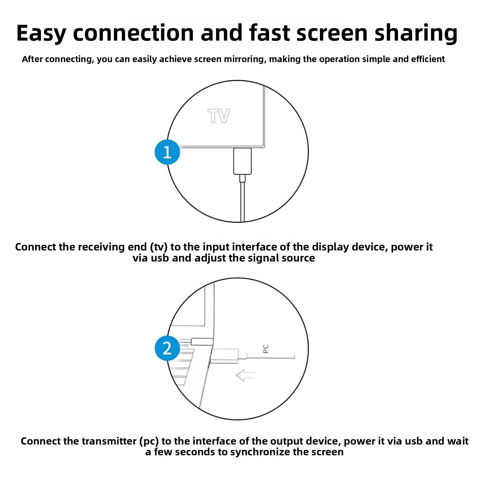 Bezprzewodowy Adapter Wyświetlacza, Kabel do Lustrzanej Kopii Ekranu 1080P Stabilny Transfer w Trybie Plug and Play o Długości 50 M Bez Wi-Fi/aplikacji/Bluetooth, do Komputera,