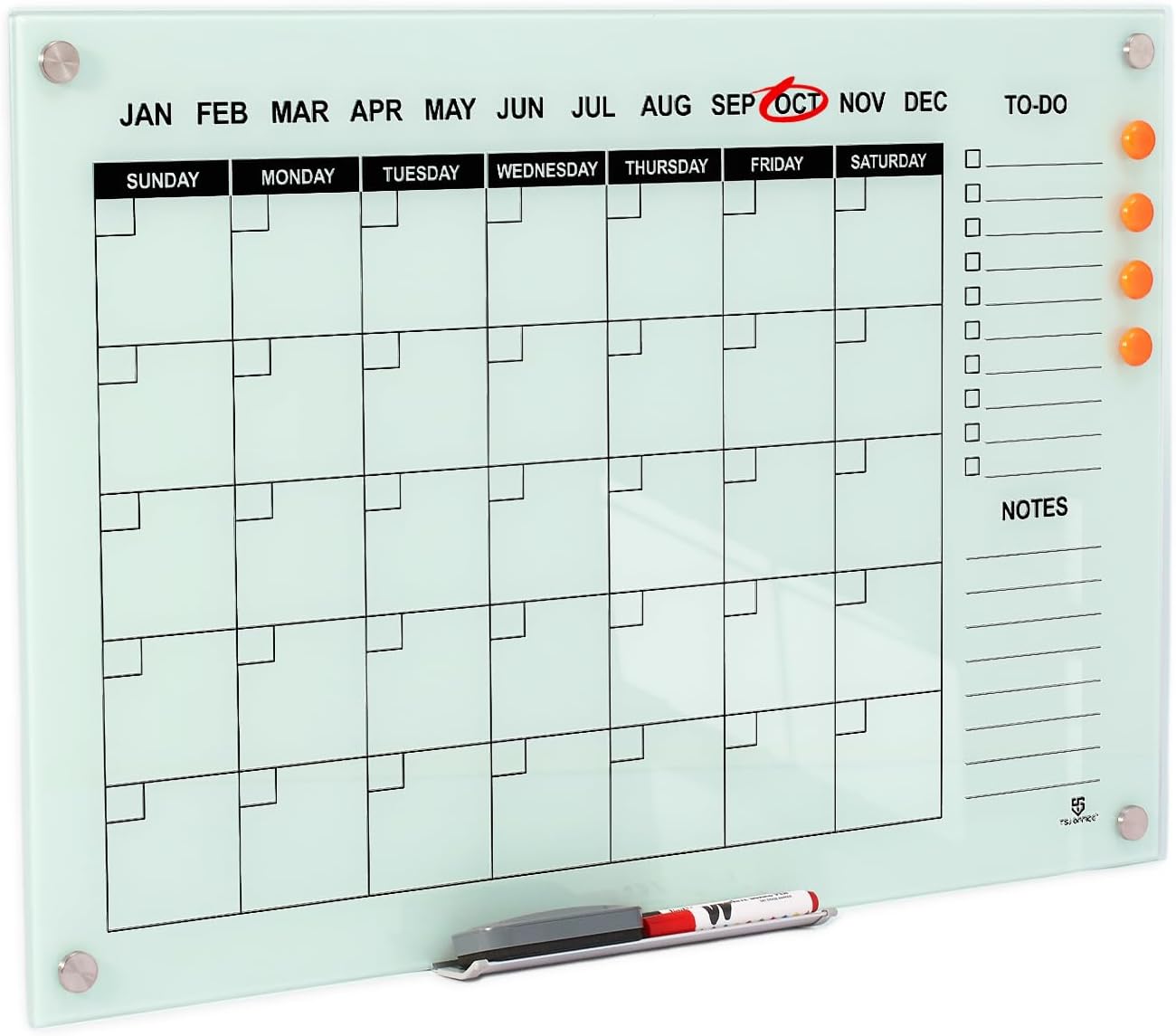TSJ OFFICE Glass Calendar Whiteboard - 36 x 24 Inches Wall Mounted Monthly Dry Erase Calendar for Wall, Large Magnetic Glass White Board for Office, Home & School A-mothly Calendar 36"x24"