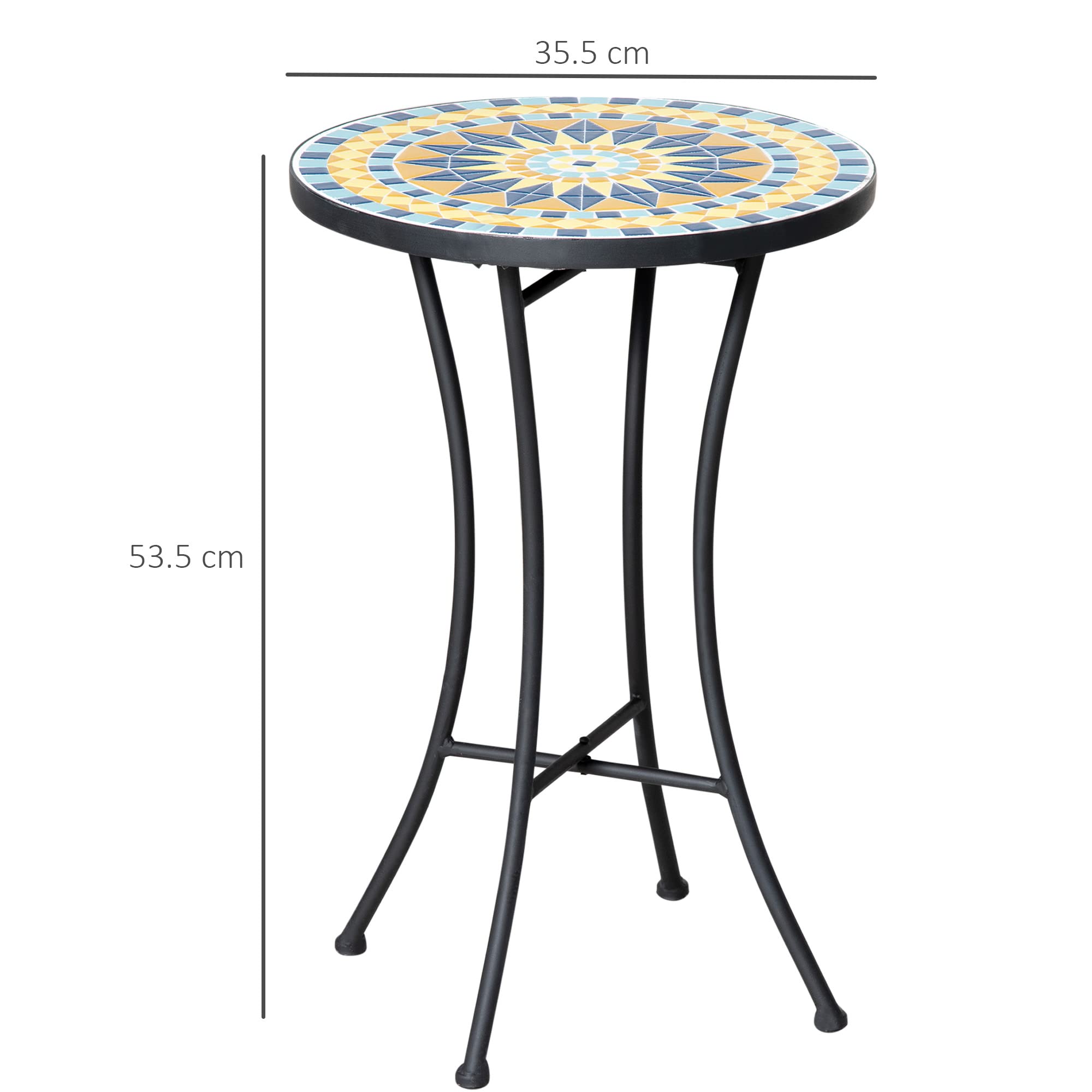 Outsunny Tavolino da Giardino in Metallo con Piano d'Appoggio a Mosaico in Ceramica, Ф35.5x53.5cm, Multicolore