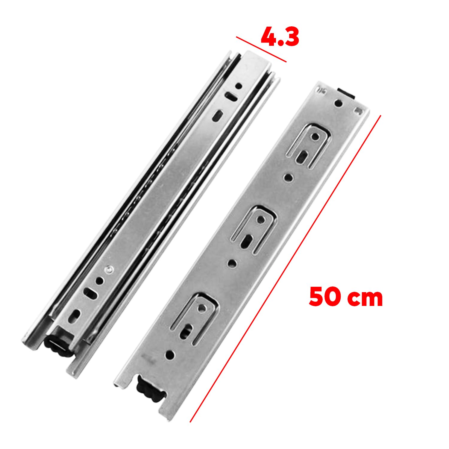 Badem10 Bilyalı Dolap Çekmece Rayı Metal En 4.3 cm Uzunluk 50 cm Gardrop Mutfak Dolabı