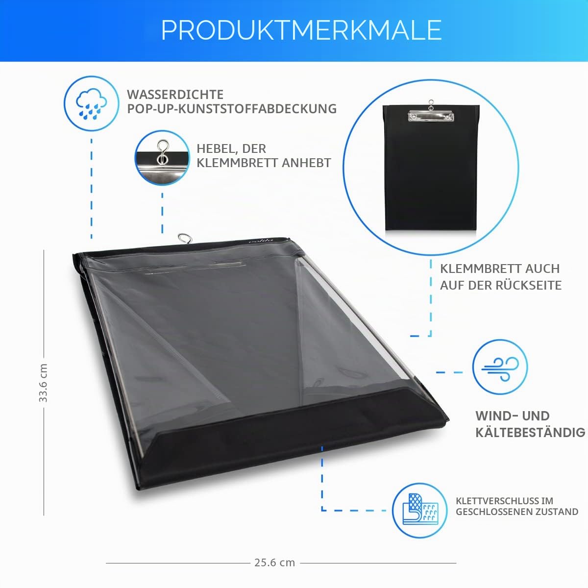 volila Wasserdichtes Klemmbrett A4 - (33,6 x 25,6 cm) Hochformat A4 Klemmbrett mit transparentem PVC-Bildschirm, Klettverschluss zum Schutz von Dokumenten vor Regen, Schnee und Staubpartikeln