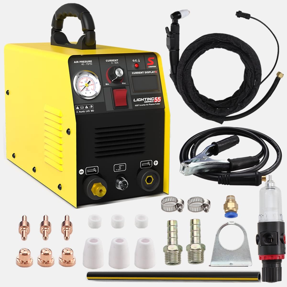 Plasma Cutter 50Amp 110/220V Dual Voltage Plasma Cutter Machine DC Inverter Plasma Cutting Equipment 220v with IGBT DC Inverter Electric Digital Display, 1/2 Inch Clean Cut Portable Machine - - 