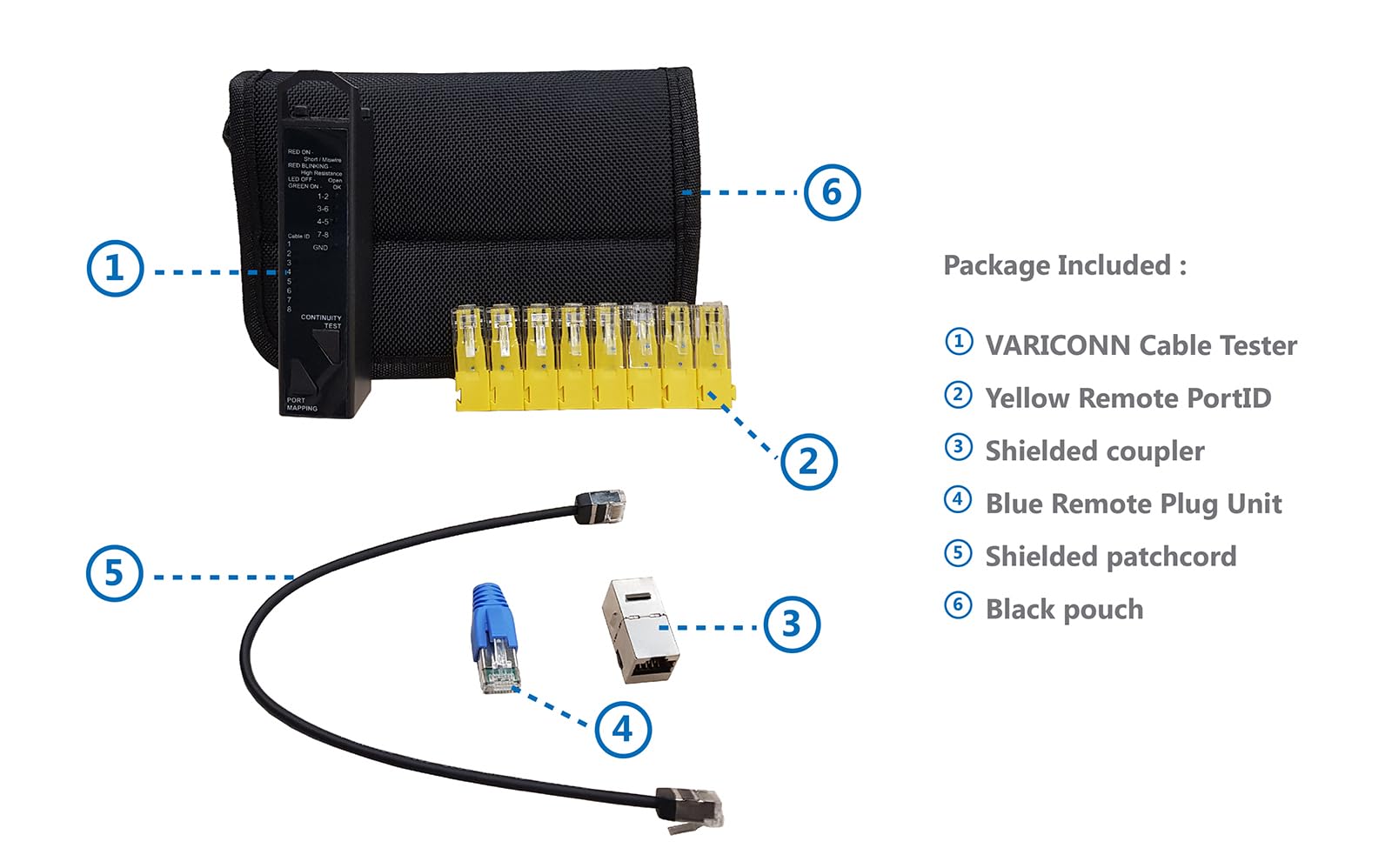 Tester per cavi di rete RJ45 3 in 1, per resistenza, continuità e mappatura delle porte, formato tascabile, per cavi UTP/STP C5e, C6, C6a, C8, con 8 identificatori di circuito