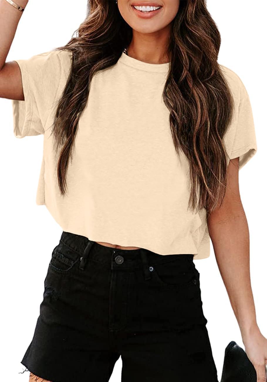 Tankaneo Women Short Sleeve Cropped T-Shirts Crew Neck Loose Crop Tops Summer Casual Drop Shoulder Basic Tees