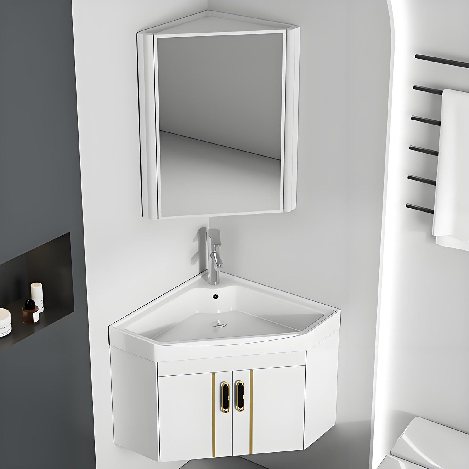 Mueble de baño de esquina suspendido con lavabo, espejo, grifo y accesorios, ahorro de espacio para baños pequeños(White,48cm/18.8in)