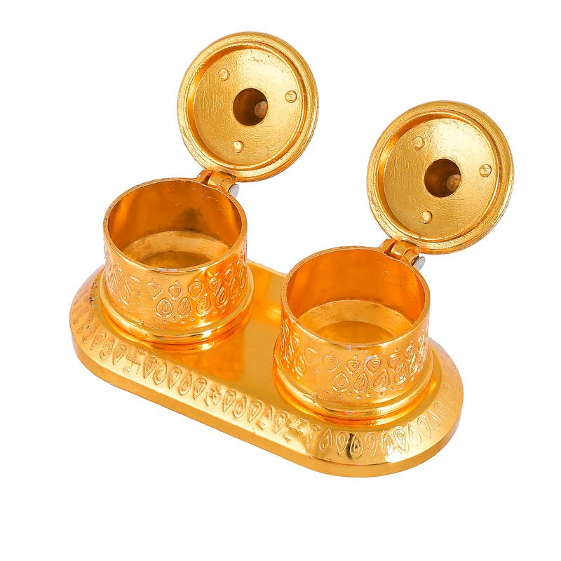 Image of JAIPUR ACE Golden Metal Kumkum Holder /Kumkum Box for Gifting,Pooja, Thali, Mandir, Home, Temple, Gifting Golden Kumkum Box with Laxmi Maa (Round Kumkum)