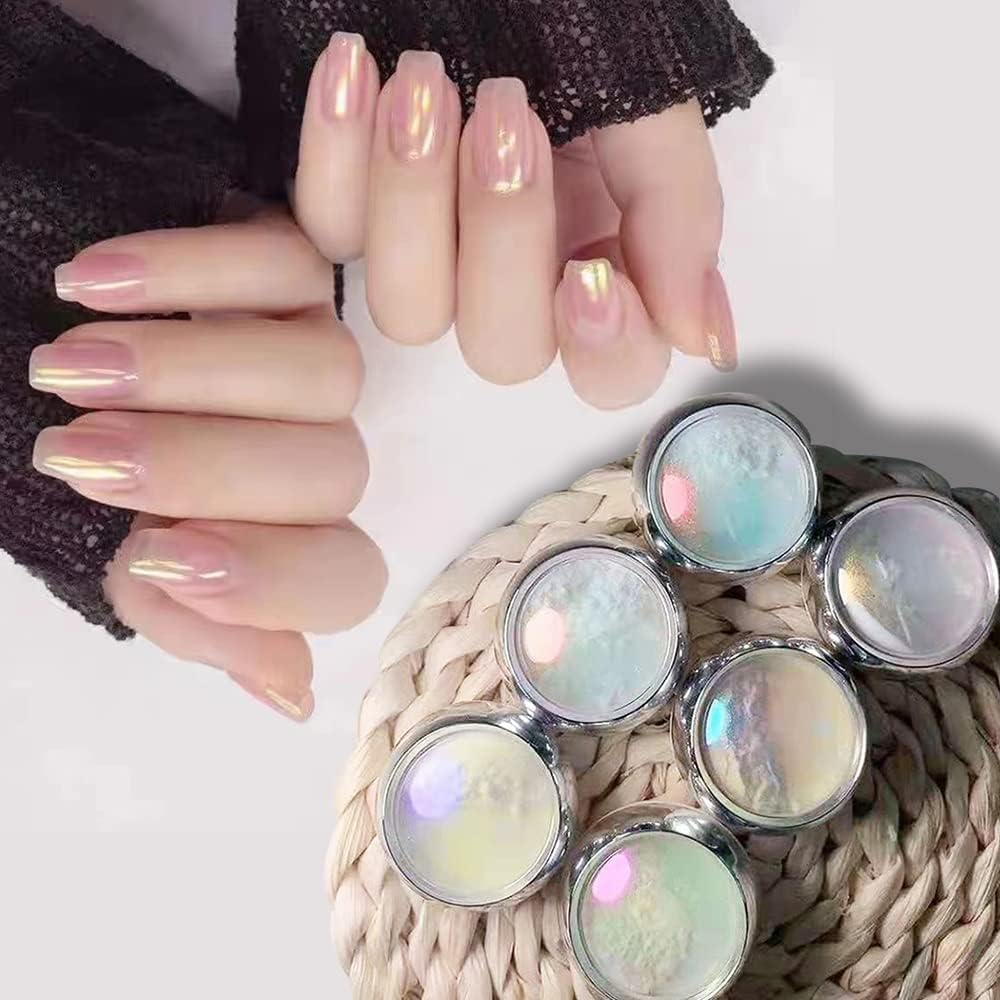 INOG 6pcs/Set Jelly Neon Rainbow Holographic Chameleon Powder Aurora Effect Iridescent Pigment Glitter Fine Nail Art Glitter Dust with 6Pcs Sponge Stick-image-46