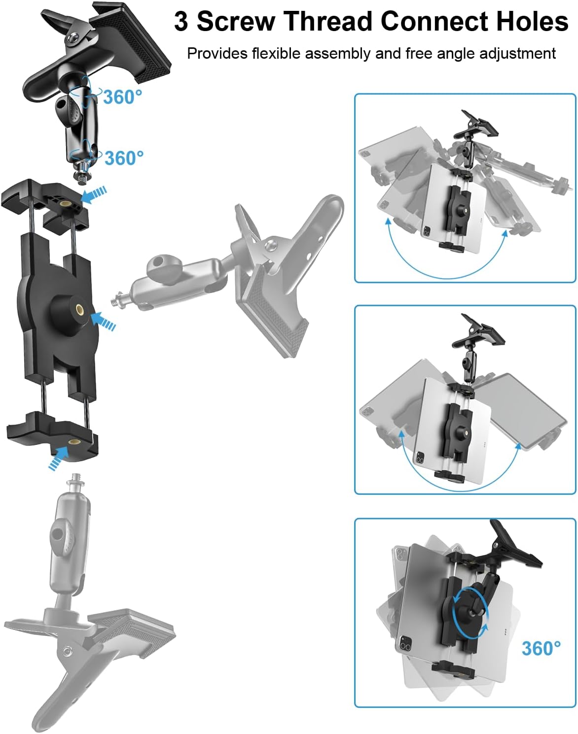woleyi Kitchen Under Cabinet Tablet Holder - [Metal Clamp Arm] Tablet Mount for Counter, Portable Desktop Tablet Stand Clip, for 4.7-13" Devices, iPad Pro, Air, Mini, iPhone, Galaxy, Fire, Switch