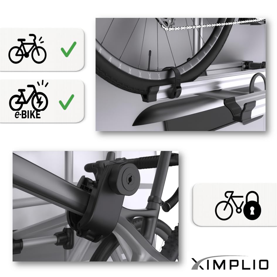 XIMPLIO Wallrider Portabici per Camper e Caravan, Alluminio Anodizzato, per 2 Biciclette ed E-Bike, Carico Massimo 50 kg, Pieghevole con Antifurto Integrato
