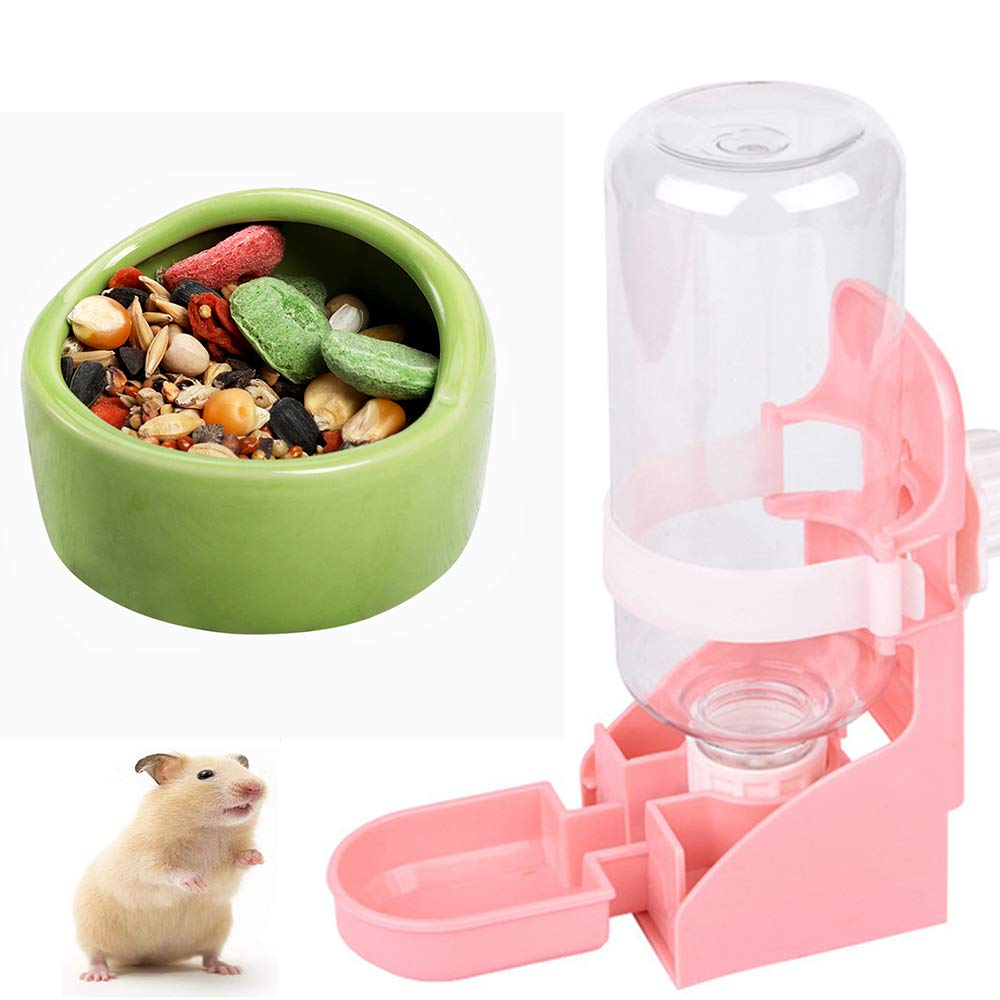 JUILE YUAN 2pcs Rabbit Water Bottle and Ceramic Hamster Feeding Bowls,17oz Hanging Water Fountain Automatic Dispenser No Leak WaterFeeder for Bunny Chinchilla Guinea Pig Hedgehog Ferret (Pink)