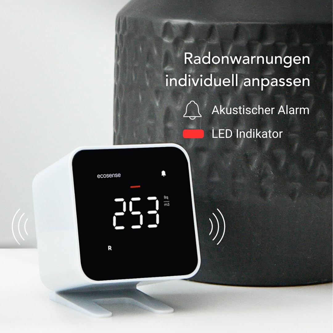 Ecosense EB100 EcoBlu, Heim-Radondetektor, Erfassung und Anzeige von Ergebnissen alle 10 Minuten, kurz- und langfristige, kontinuierliche Überwachung, einfach zu bedienen