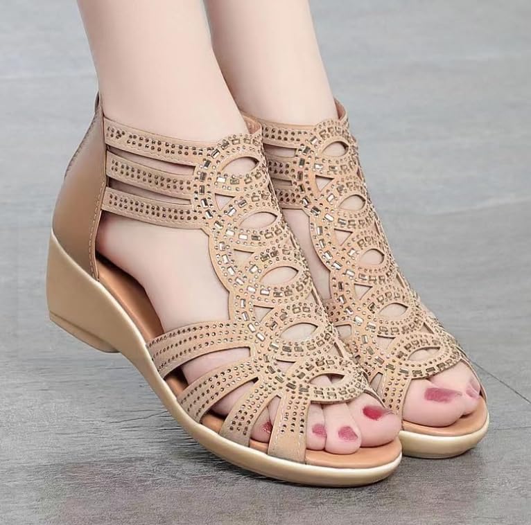 Mid-Heel Breathable Wedge Sandals Chic Summer Rhinestone Wedge Sandals for Women - Open Toe, Back Zipper, Breathable Fabric, Mid-Heel4
