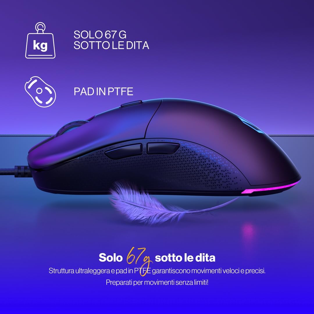 ENDORFY Gem, Mouse da Gaming Leggero (67 g), sensore PixArt PMW3325, 8000 DPI, Switch Kailh GM 4.0, 6 Tasti programmabili, Pad in PTFE, EY6A006