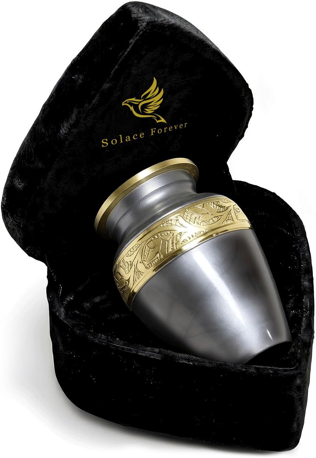 Small Urns for Human Ashes with Velvet Heart Case - Beautiful Gray Brass Hand Engraved Mini Memorial Urn for Ashes - Keepsake Cremation Urn for Mom, Dad, Baby & Someone Special